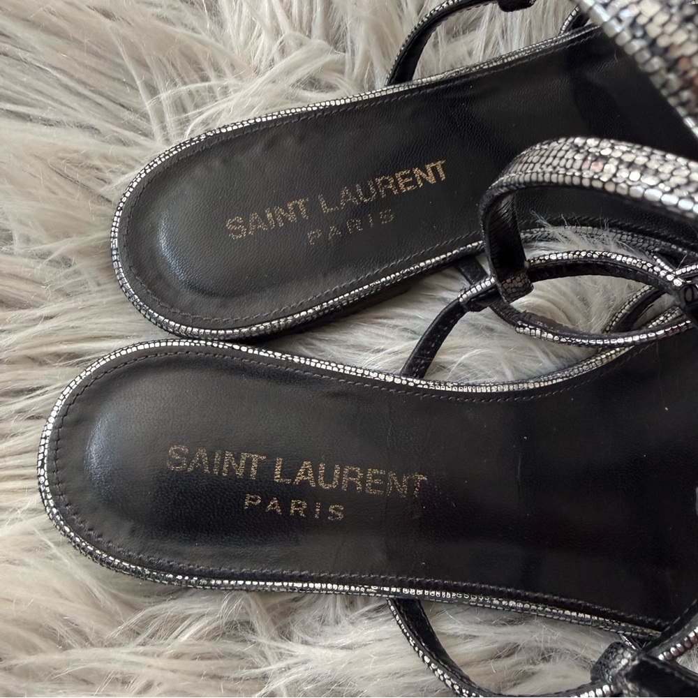 SAINT LAURENT Calfskin YSL Cassandra Monogram Logo Strappy Sandals Metallic 36 - Picture 3 of 11